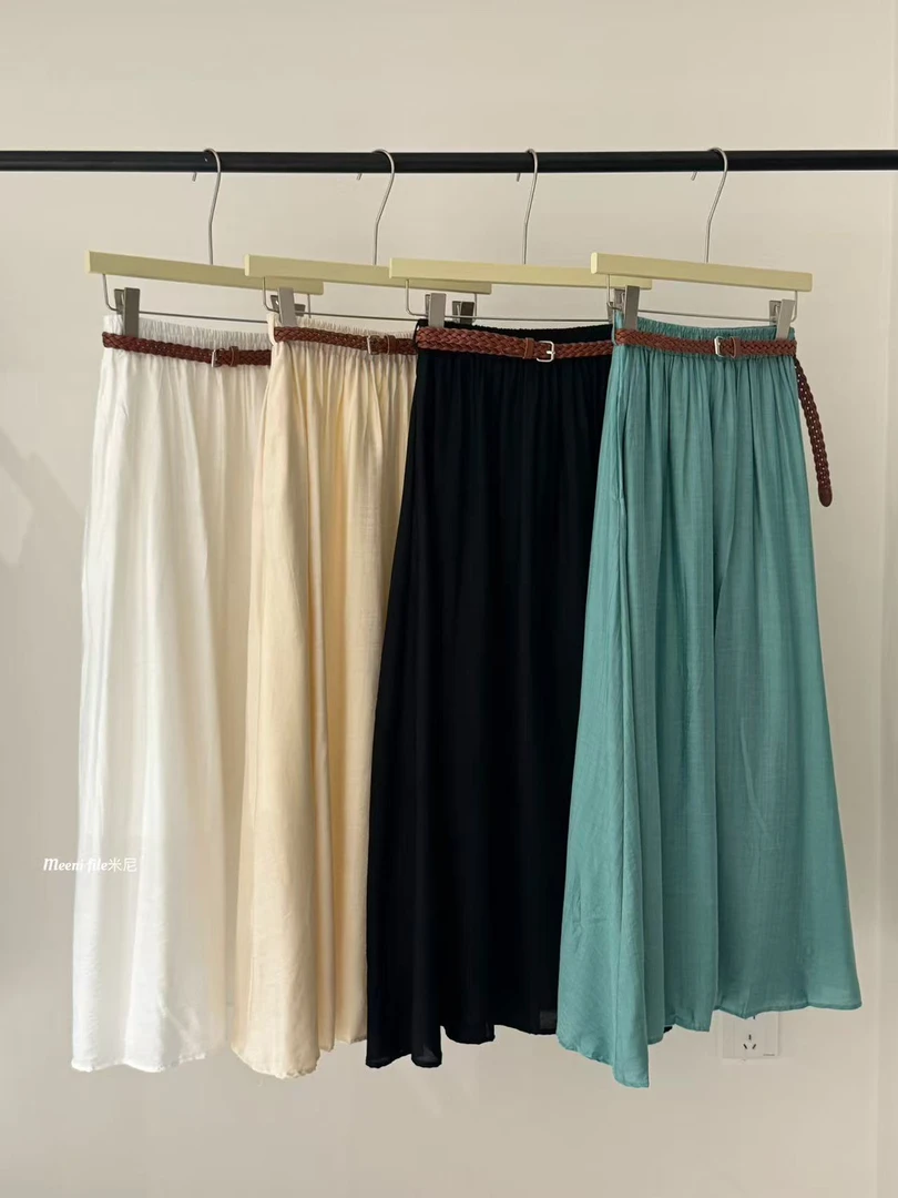 MEENI（9MNA578#)垂坠感足足 松紧腰打褶显瘦半身裙（配腰带） 9-524