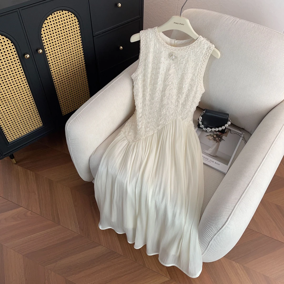 轻奢时尚法式蕾丝显瘦气质白色裙花朵刺绣无袖连衣裙DY7037