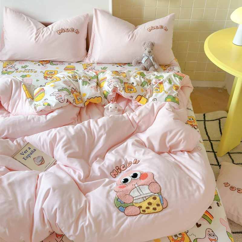 卡通简约ins风毛巾绣海绵宝宝四件套被套学生宿舍四件套床上用品