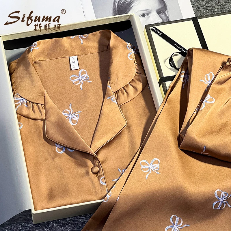Sifuma/斯服玛《蝴蝶结》春秋丝质长袖两件套装睡衣家居服女