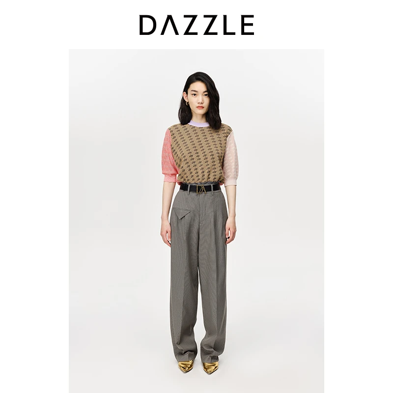 dazzle地素 22夏装新款复古老花相拼撞色针织衫短袖t恤女2E2E317