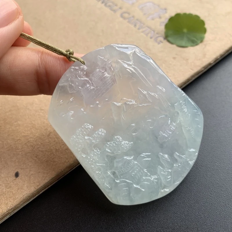天然缅甸A货翡翠山水牌吊坠冰透精雕意境美高冰男女同款