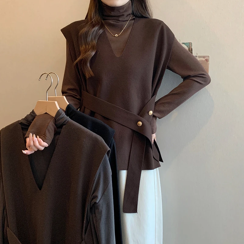 大码女装秋冬款胖mm法式气质赫本系带马甲堆堆领打底衫两件套