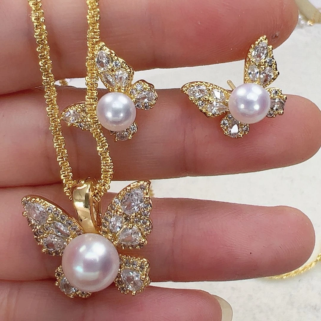 淡水珍珠耳饰未镶嵌金色蝴蝶套装