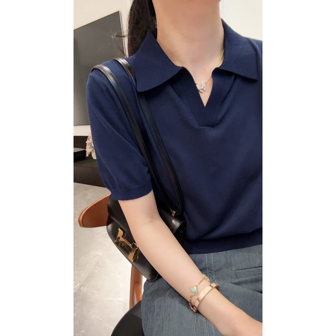 miss muzi “气质女神”超爽天蚕丝冰凉透气Polo领短袖小衫女