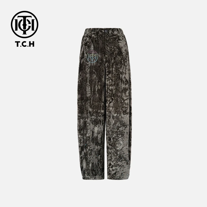 TCH-轻奢时尚潮牌丝绒满天星墨绿色直筒长裤T75C20E1026