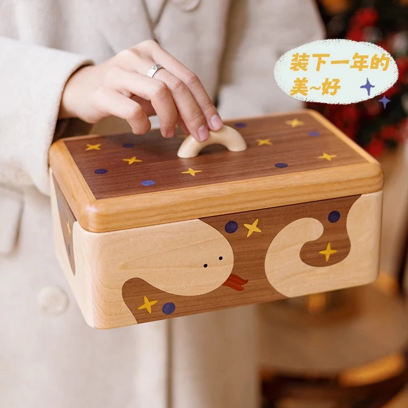 山岚 蛇来运转收纳盒/蛇年新年礼物实木质带盖分格干果糖果盒家居