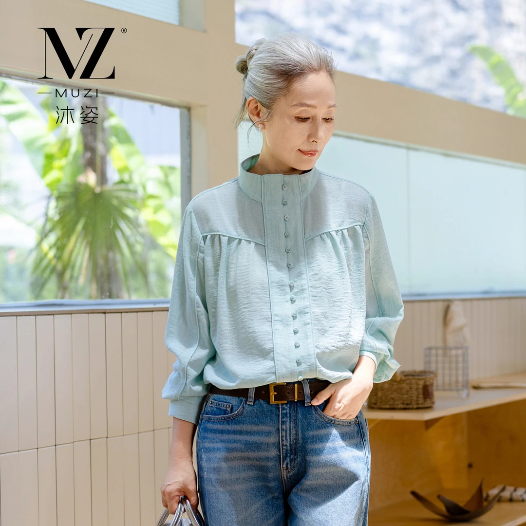 沐姿早秋新款长袖衬衫立领时尚宽松显瘦中年妈妈女装气质原创上衣