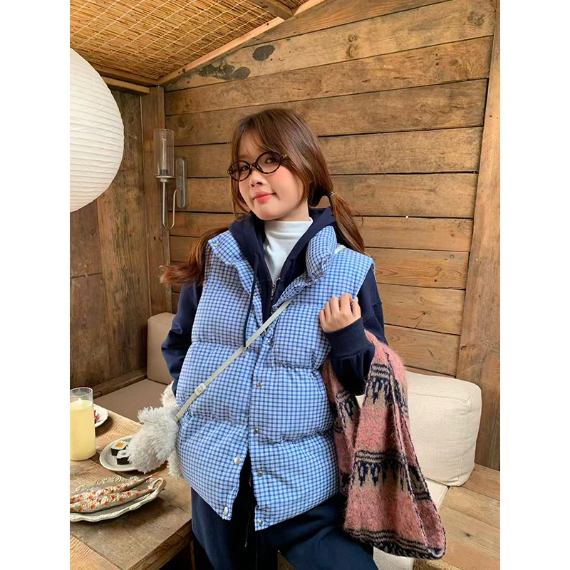 Jennie同款格子马甲棉服 蓝色格子马甲女秋冬装保暖叠穿棉衣外套