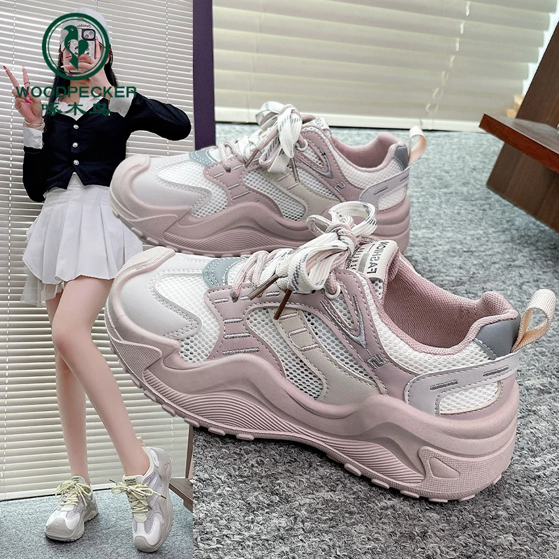 啄木鸟厚底网面老爹鞋女2025夏新款小个子增高透气轻便休闲运动鞋