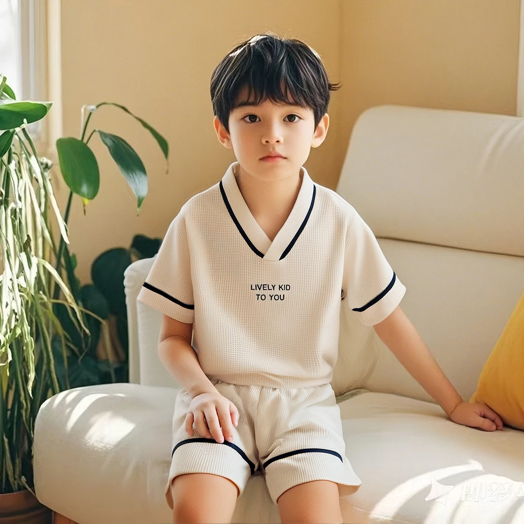 夏季新款V领短袖儿童睡衣套装宽松套头男女居家服透气大童空调服