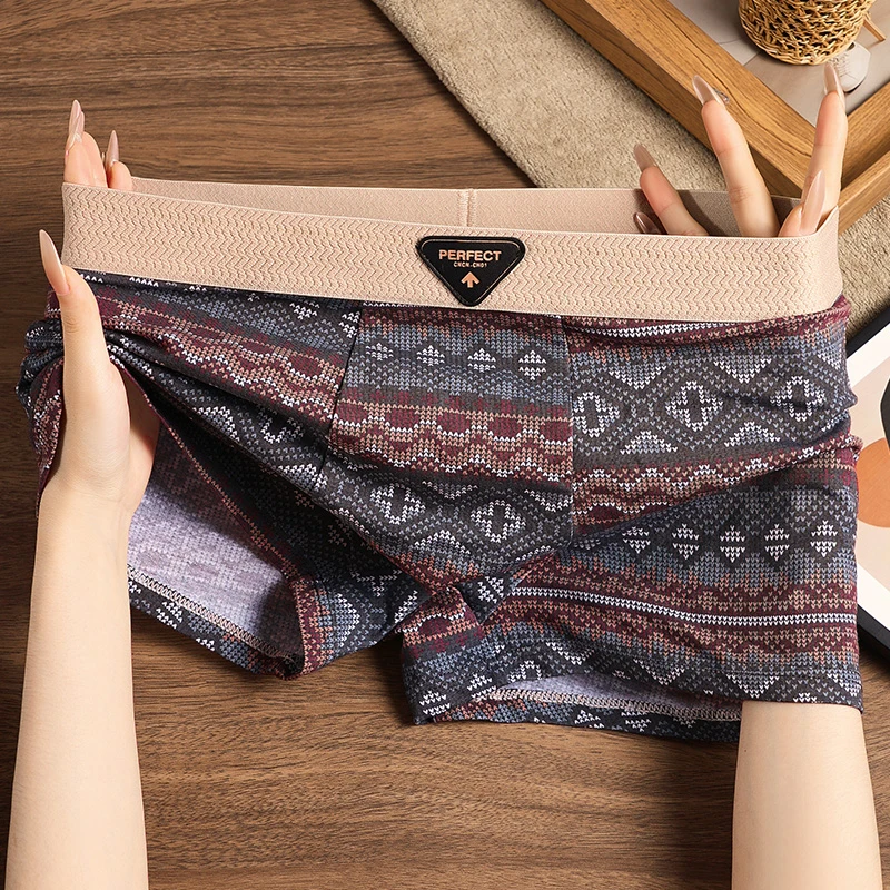 潮流新款男士内裤棉质印花平角底裤衩男生舒适透气复古四角裤头