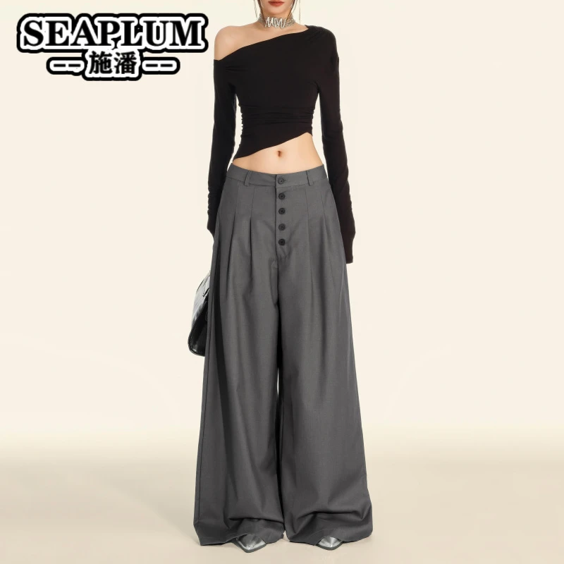 美式复古褶皱设计感低腰阔腿裤女秋新款宽松百搭拖地休闲裤