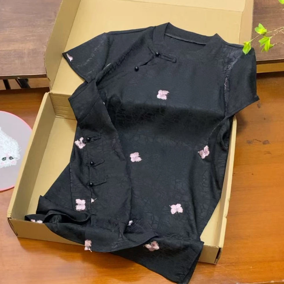 【小粉蝶】（带袖—设计师高级感）夏季凉爽中长款上衣 百搭黑色短裙