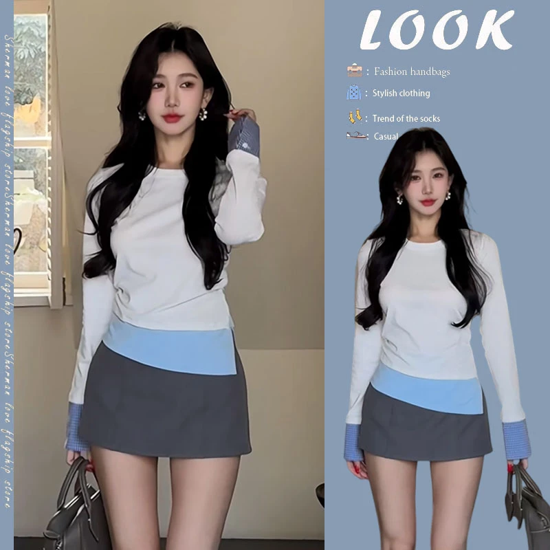 【现货】2025年早秋新款拼接设计高级感百搭圆领上衣高腰短裙两件套