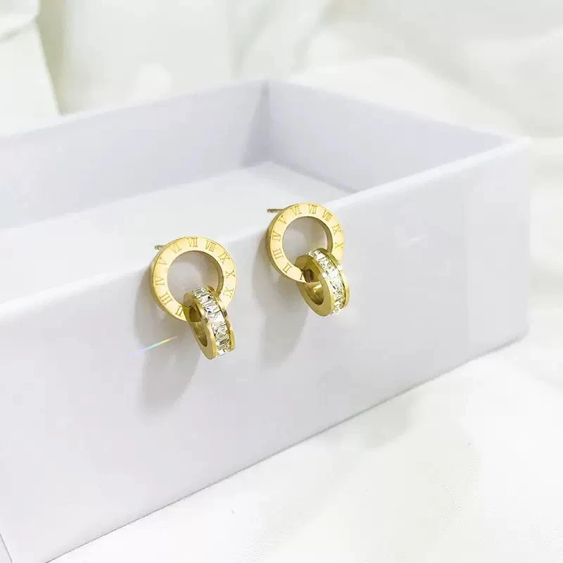 钛钢锆石耳饰 璀璨姐妹罗马双环钛钢耳钉YX007