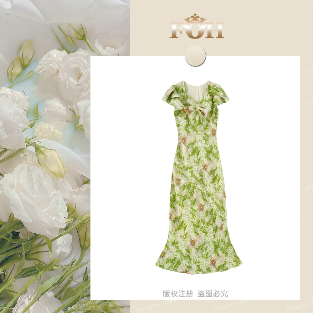 【封后轻奢设计】夏季清新度假风V领收腰显瘦印花连衣裙3272