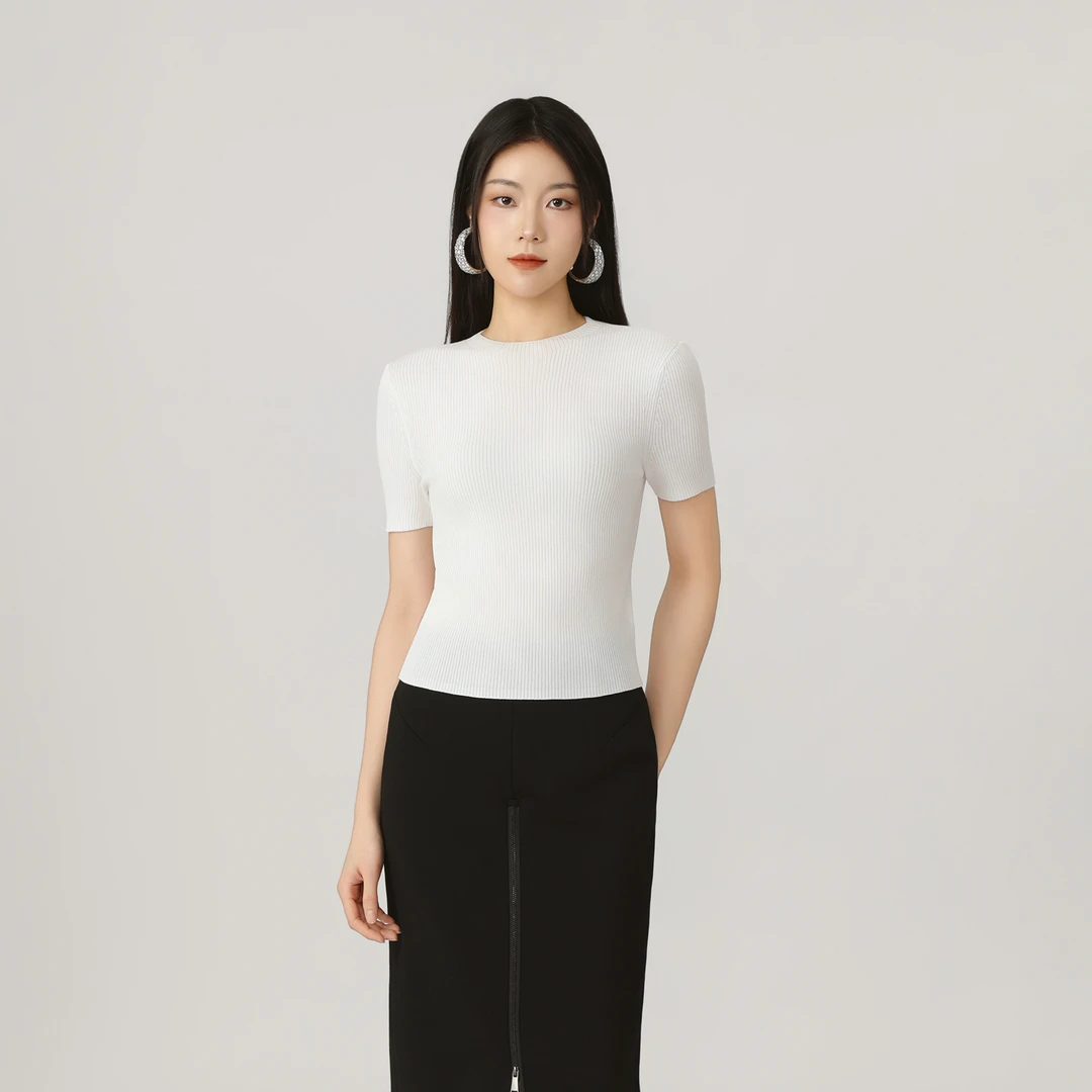 AMASS/阿玛施新款气质圆领百搭休闲显瘦冰丝时尚针织上衣5399601