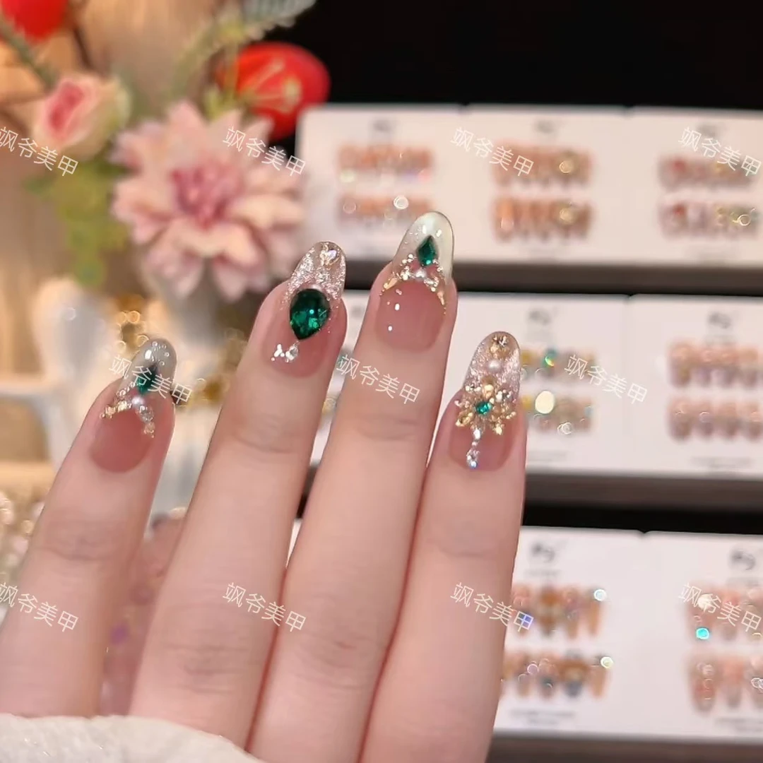 绿宝石-美甲店手工穿戴甲-可重复佩戴-掉钻包补-10片