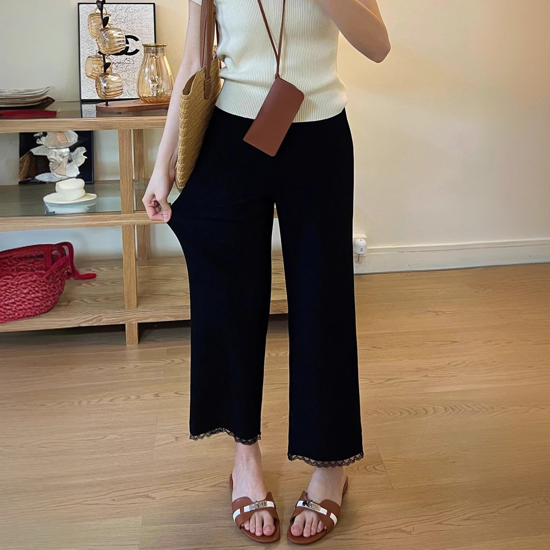 【秋季新品】黑色显瘦休闲裤女胖mm腿粗藏肉蕾丝边直筒微喇裤