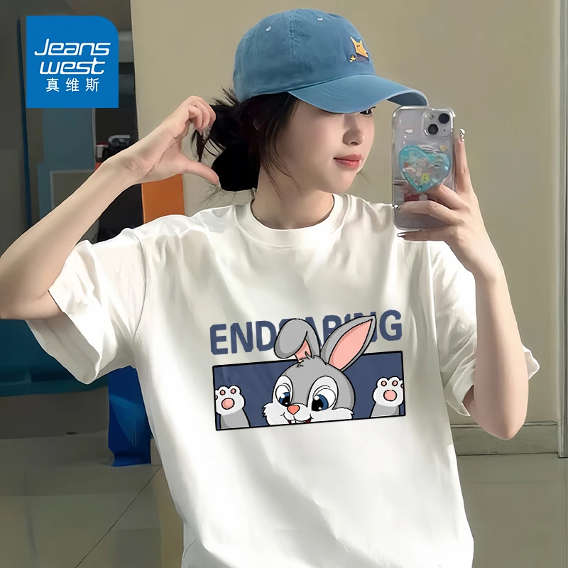 真维斯白色纯棉T恤女款爆款2025新款夏季兔子印花独特超好看短袖