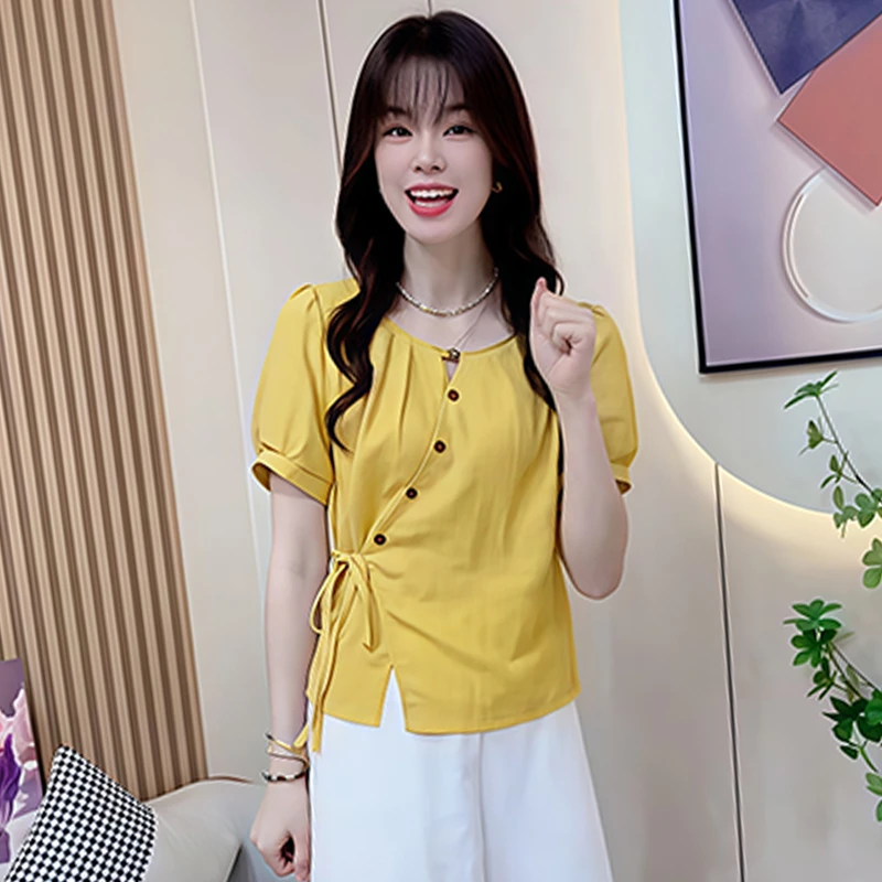 时尚法式百搭衬衫女2025年夏季新款系带休闲宽松洋气遮肉显瘦上衣