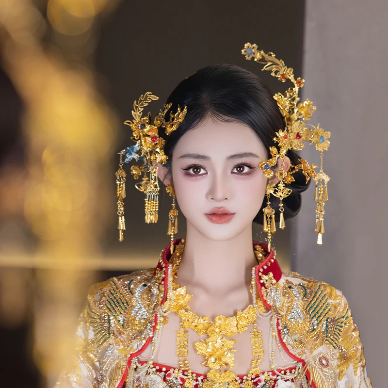 合金婚庆饰品 新娘国风古典金色发簪流苏减龄龙凤褂发饰品MF2506