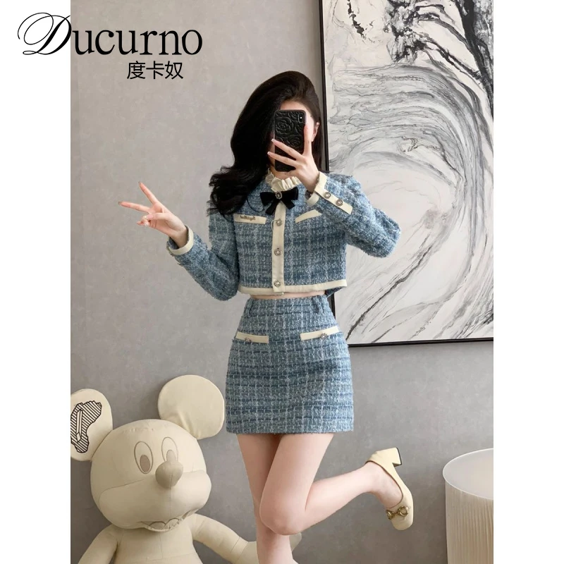 套装裙女秋冬新款小香风蝴蝶结木耳边立领粗花呢外套两件套时尚潮