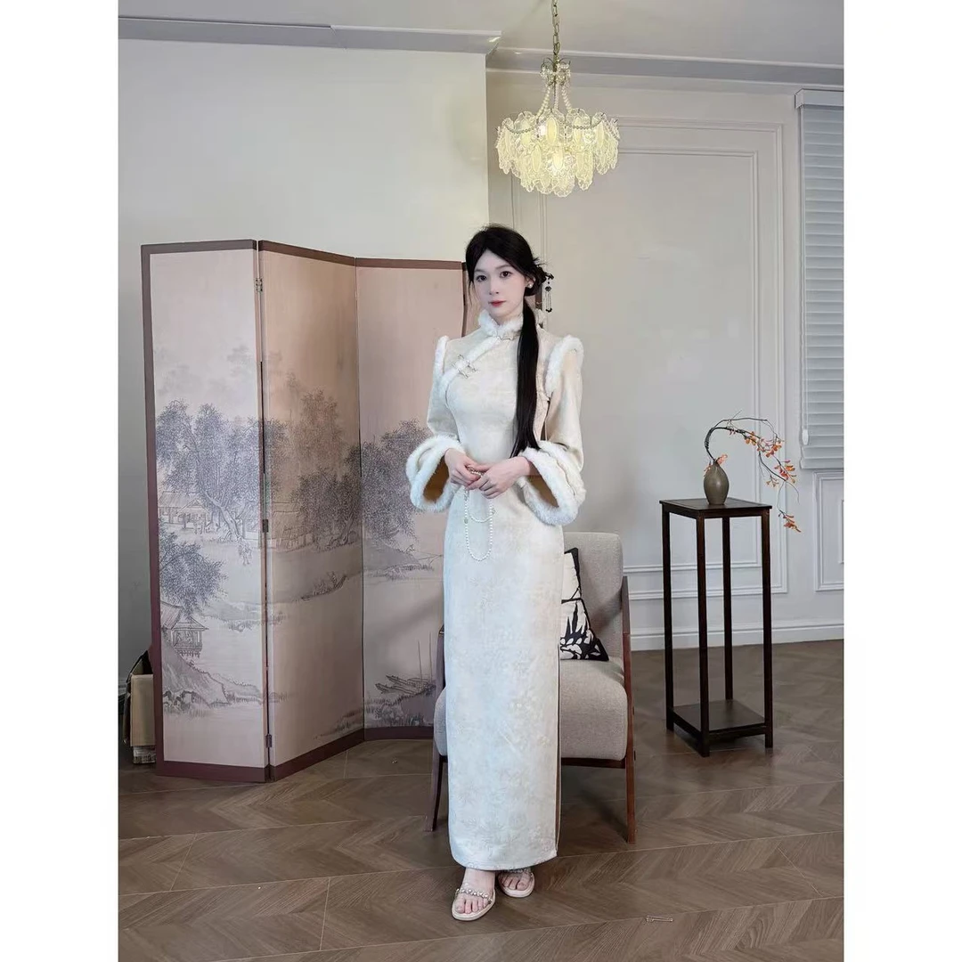 肆意【冬宜雪】原创自制高级印花碎花旗袍倒大袖麂皮绒鹿皮绒旗袍