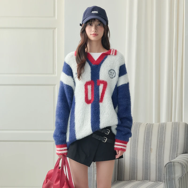 WaitingWave条纹球衣polo领毛衣男女同款国潮秋冬慵懒风针织上衣