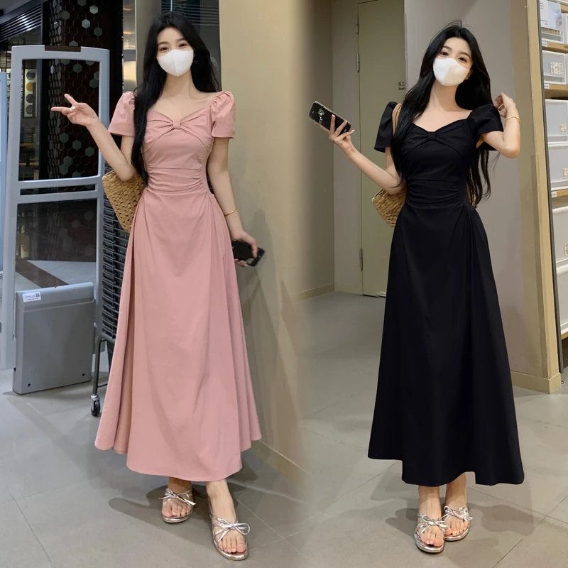 大码女装2025夏季蝴蝶结收腰设计感显瘦法式露肩气质短袖连衣裙女
