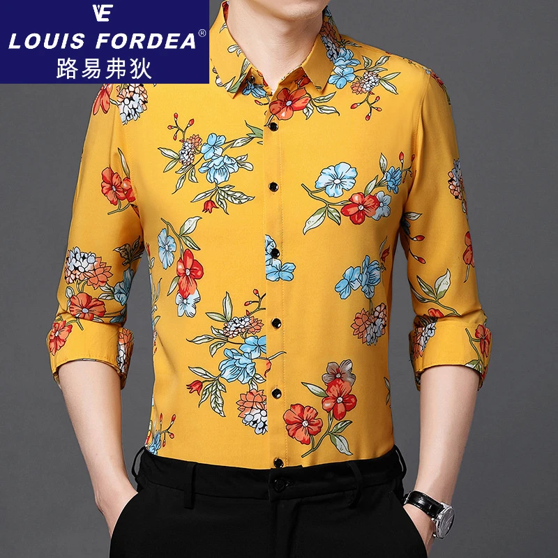 男式长袖衬衫休闲翻领宽松上衣男士韩版花衬衣
