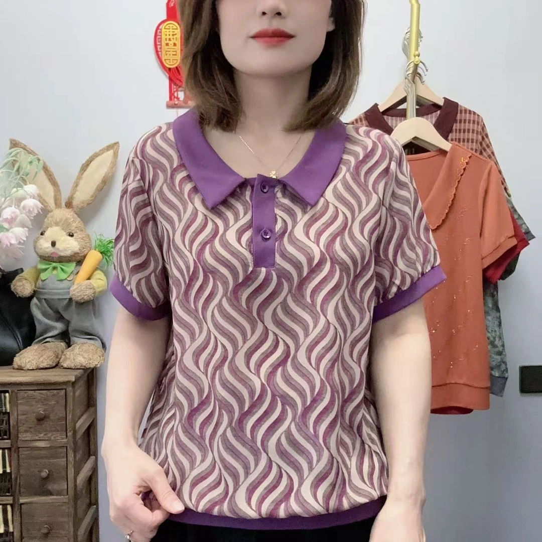 【丽姐家】夏季新款妈妈装短袖时尚洋气翻领减龄宽松百搭显瘦上衣