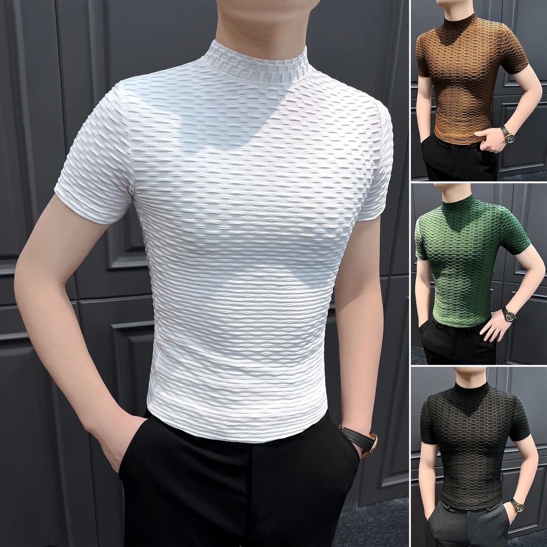 半高领提花短袖t恤男款2025新款爆款秋季男装休闲冰丝男士打底衫