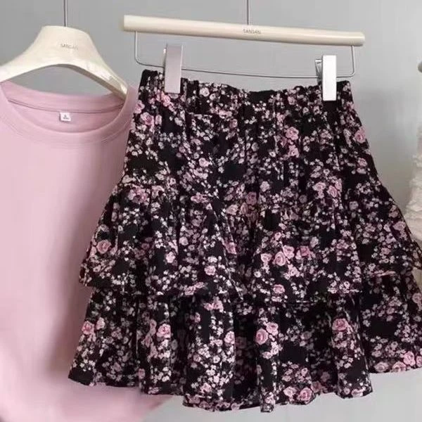 甜美高腰短裙女夏季新款学院风雪纺半身包臀裙字青年辣妹拼接碎