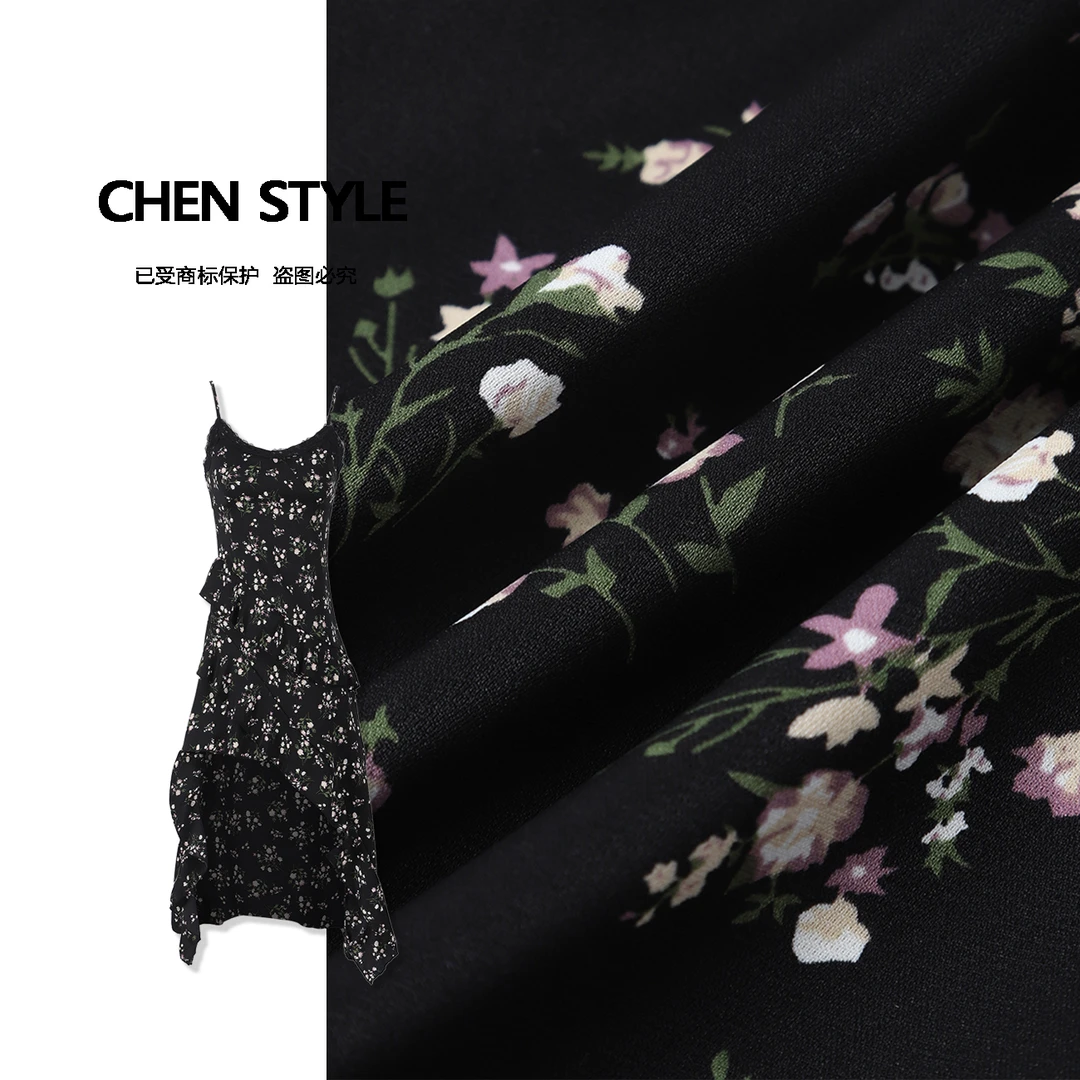 楚楚君【繁花似锦】夏款法式性感风碎花吊带连衣裙Q42286