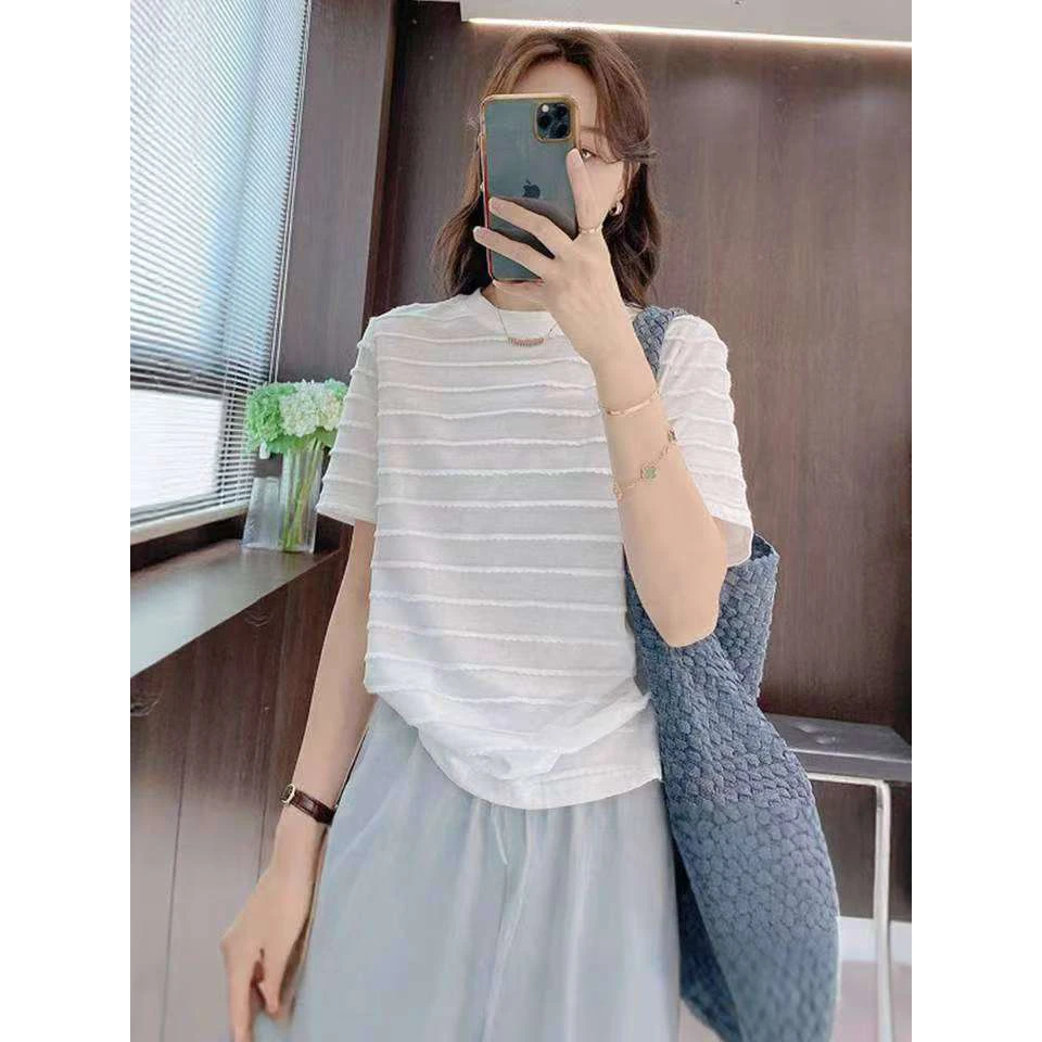 简约条纹纯色半袖T恤