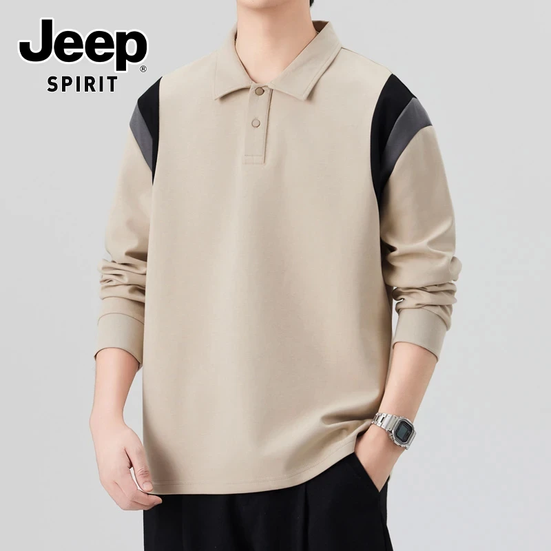 JEEPSPIRIT吉普长袖T恤男士秋季拼色翻领内搭上衣宽松休闲POLO衫