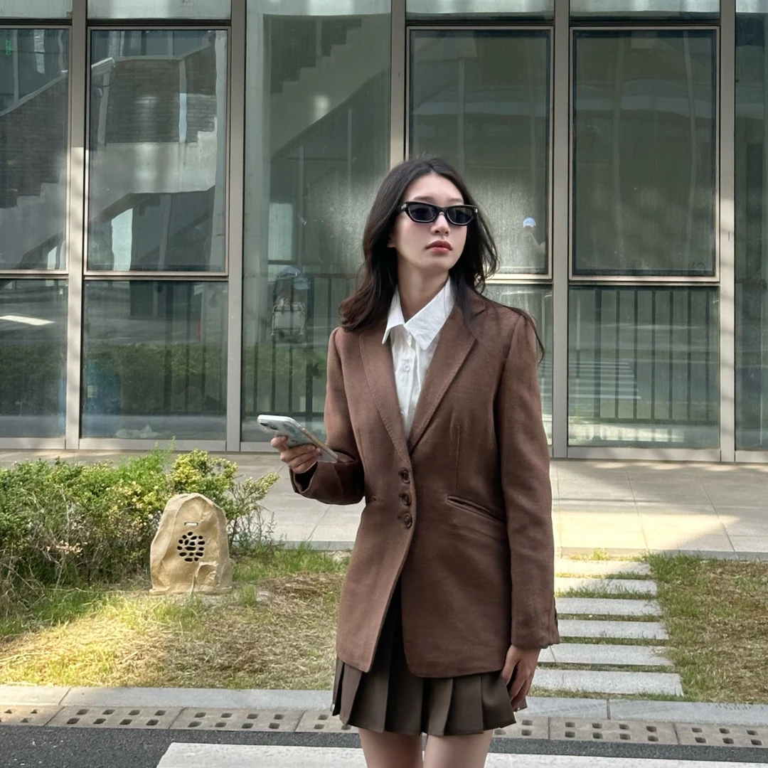 茉澜复古咖色气质毛呢西装外套百搭修身