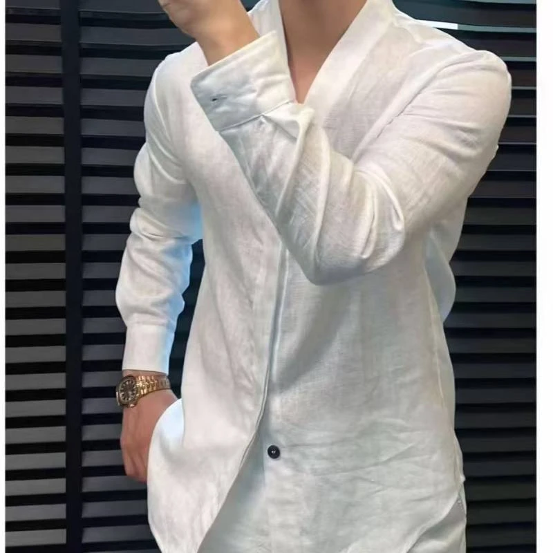 秋季新款时尚潮流男士衬衫长袖轻奢衬衣英伦雅痞休闲V领衬衫外套