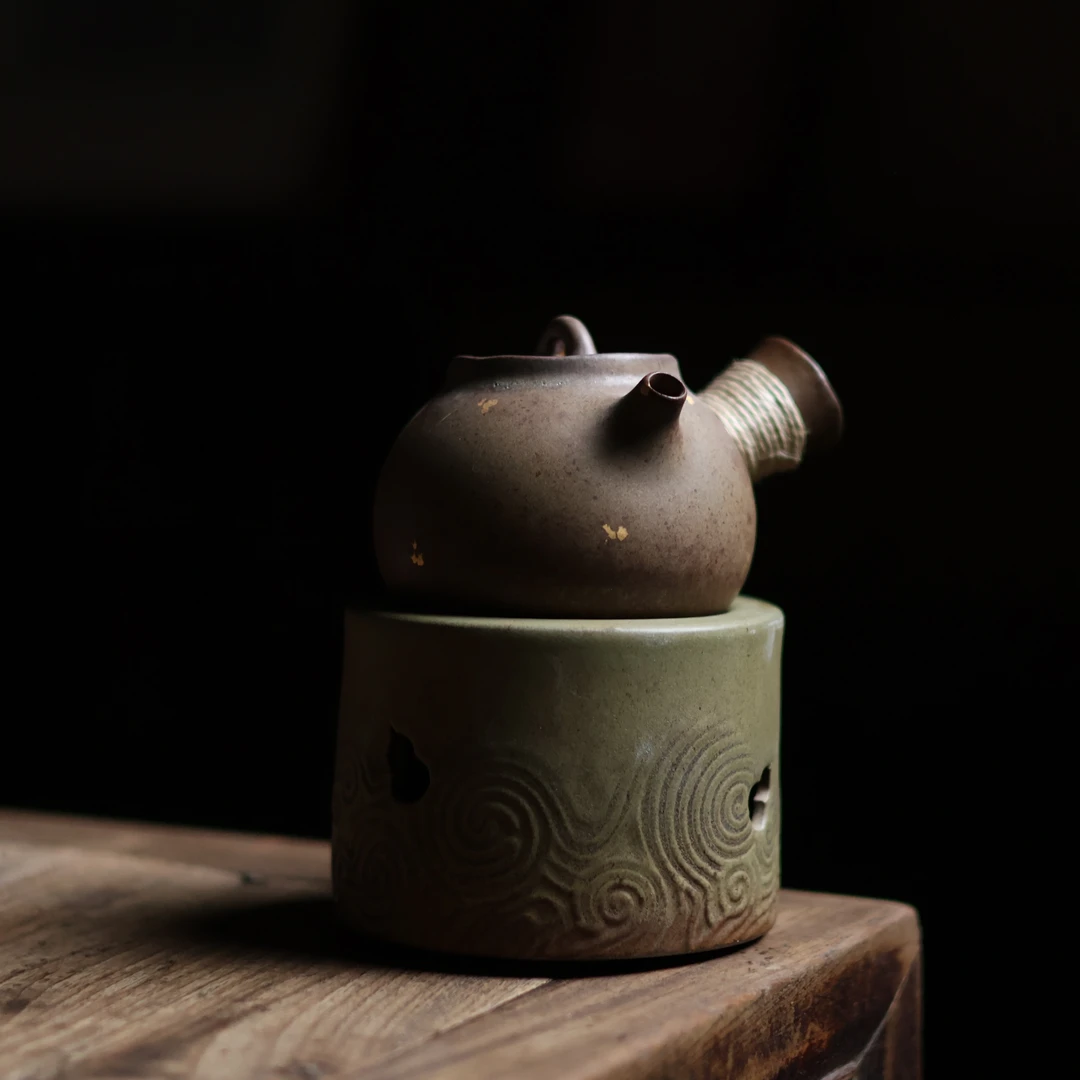 【坐饮亭竹】青苔绿-拇指壶-点金+青苔绿-葫芦蜡烛炉一套（灰念0433）