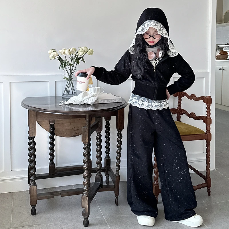 女童春秋套装2025新款春季中大童蕾丝花边裙裤阔腿休闲运动两件套