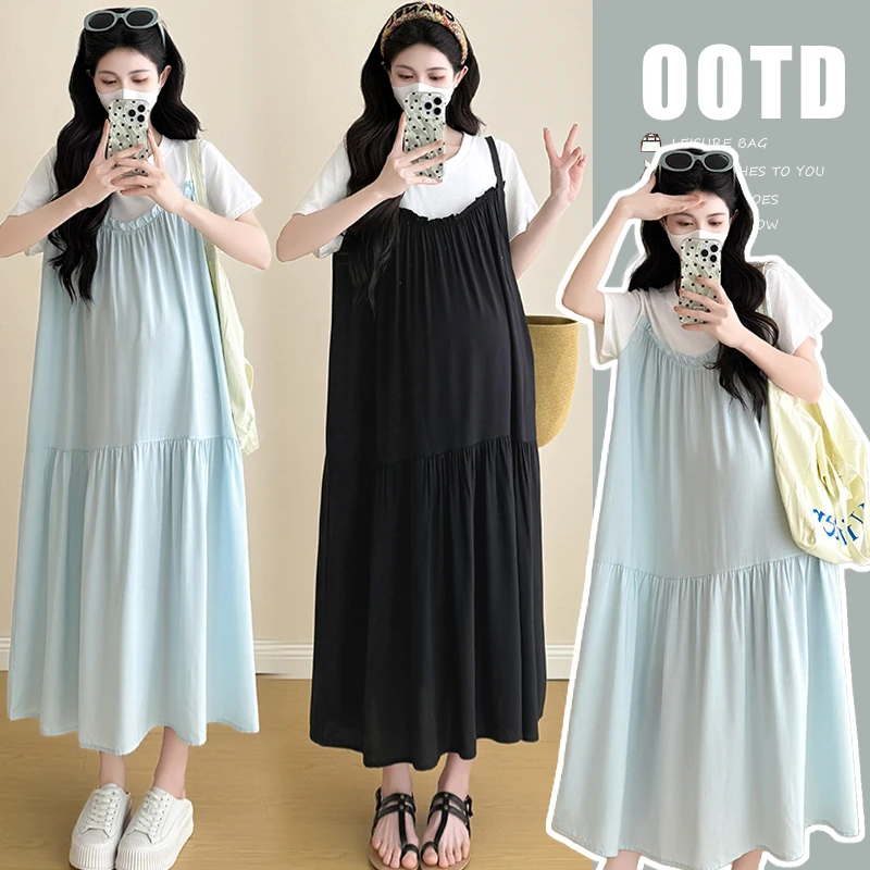 大码孕妇装假两件连衣裙夏外穿韩版宽松显瘦中长裙气质遮肚200斤