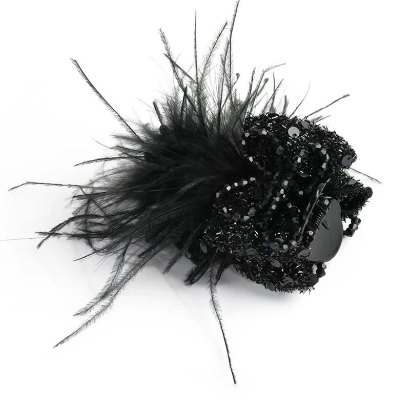 【羽粼丸子夹】秋冬新款黑色羽毛无皮筋丸子头抓夹懒人盘发发饰