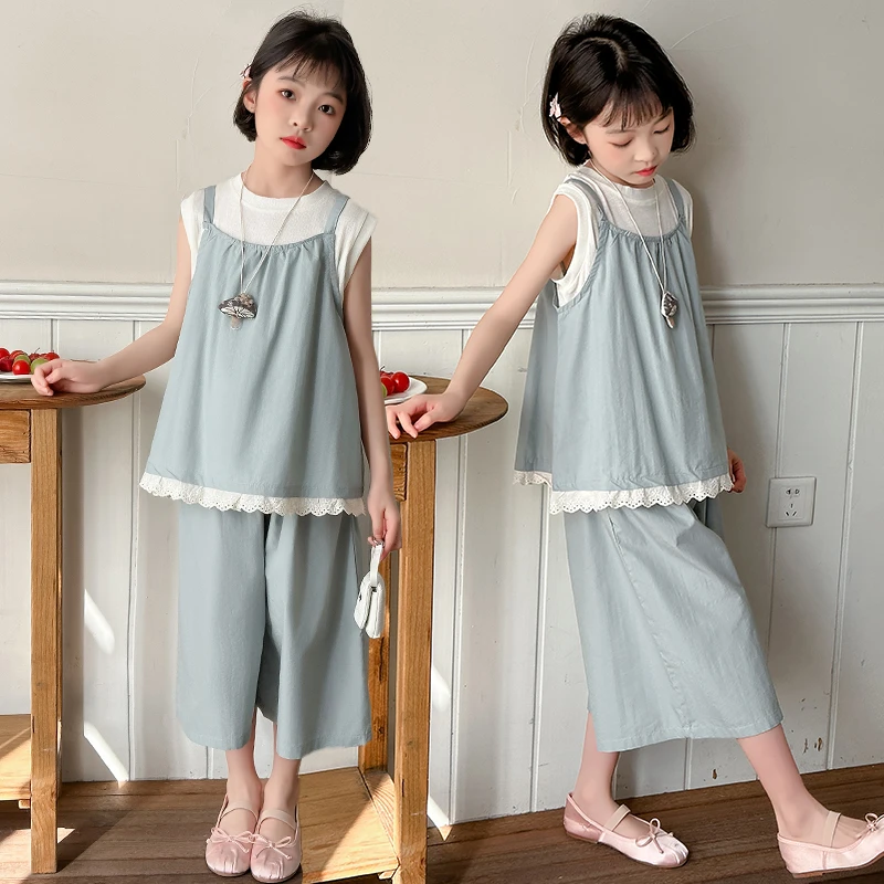 女童无袖吊带套装夏季2025新款儿童洋气时髦韩系穿搭薄女大童夏装