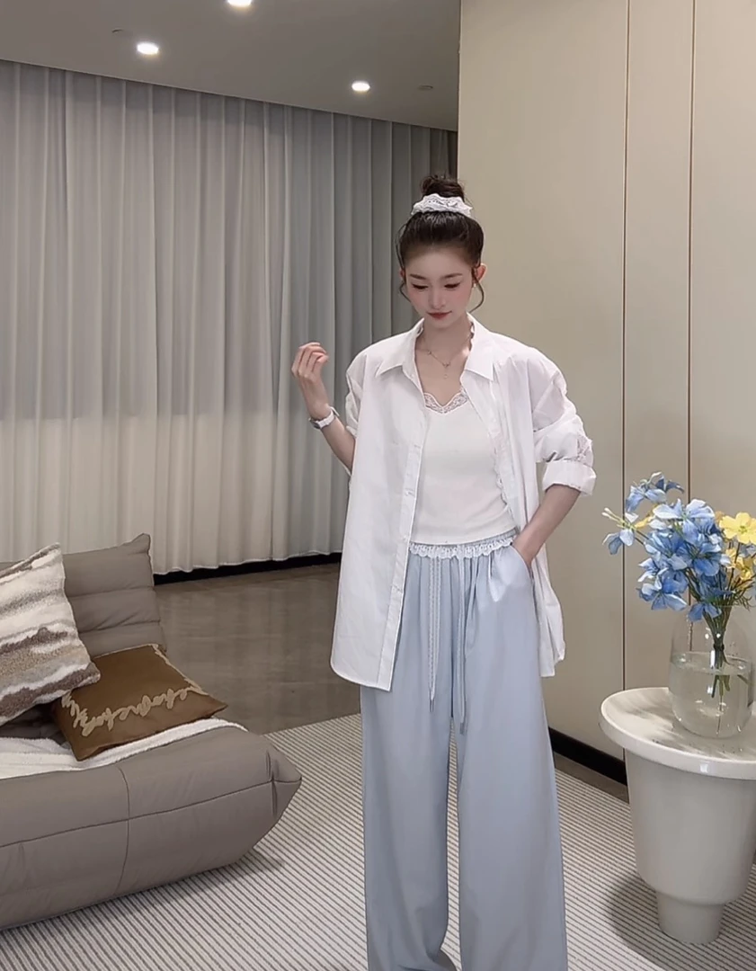 【JIANGJIANG】凉凉裤~韩版拼接蕾丝裤边休闲阔腿裤 JIANG28