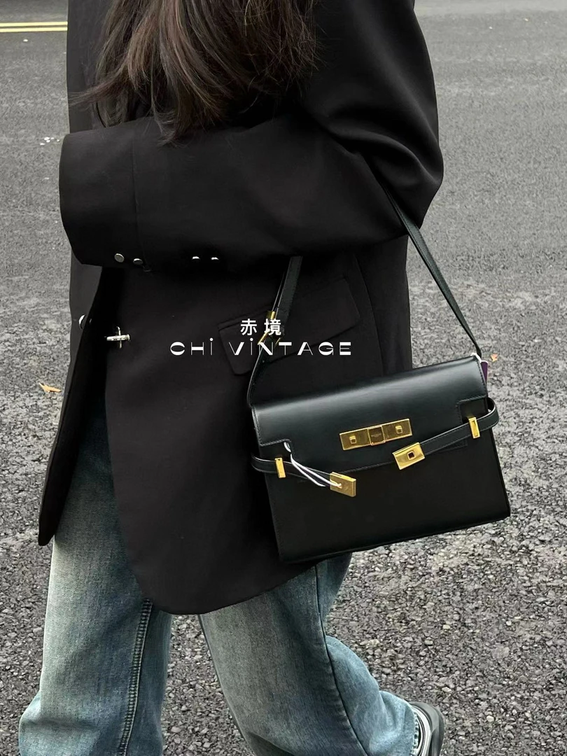 95新 YSL/圣罗兰 0117 黑金曼哈顿单肩包小号