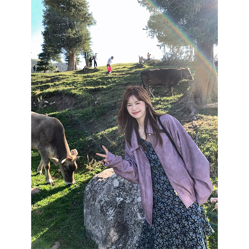 秋季新款超好穿皮衣绝绝紫回归POLO领外套女时尚气质宽松百搭上衣