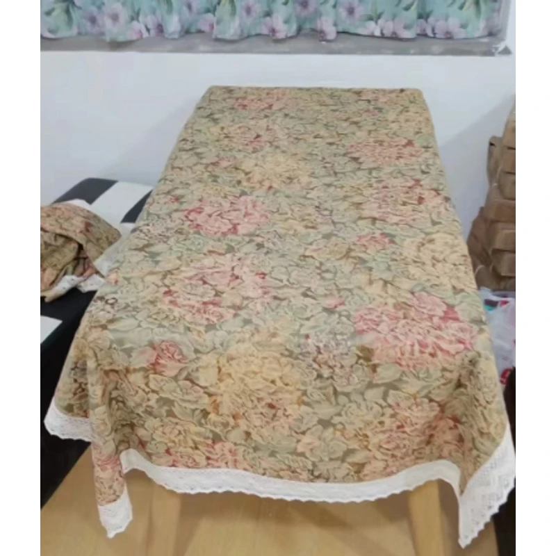 ZN039-88棉麻【90*180】贡缎复古灰绿色大朵牡丹桌布茶几布
