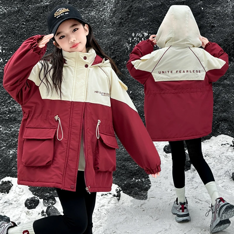 女童加绒外套秋冬款2025新款洋气冲锋衣儿童加厚中长款收腰派克服